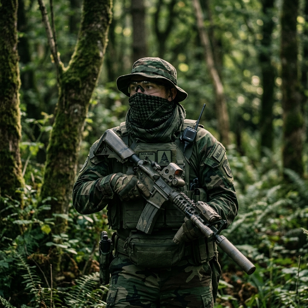 Operador tático de Airsoft em campo